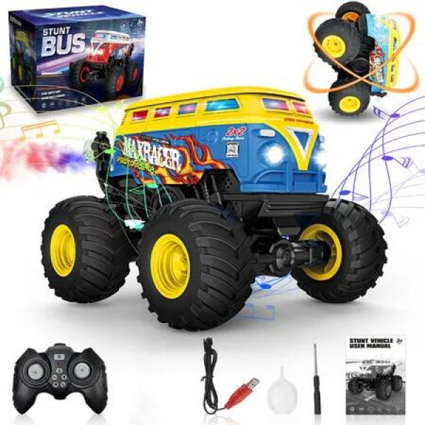 Remote Control Car,1:20 RC Monster Truck Toys,2.4GHz All Terrain RC School Bus Truck Stunt Car with Spray,Music,LED Lights for Kids