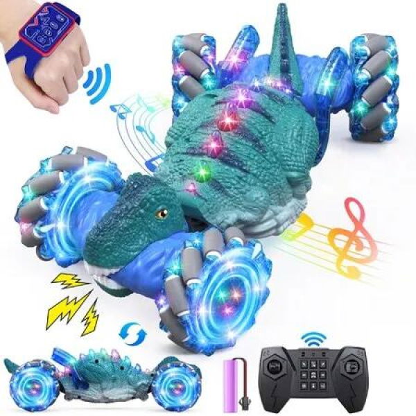 Remote Control Car,2.4GHz LED Gesture Sensing RC Car,4WD Rotation RC Stunt Car with Lights and Music,Dino Toys for Kids Ages 3+ (Blue)