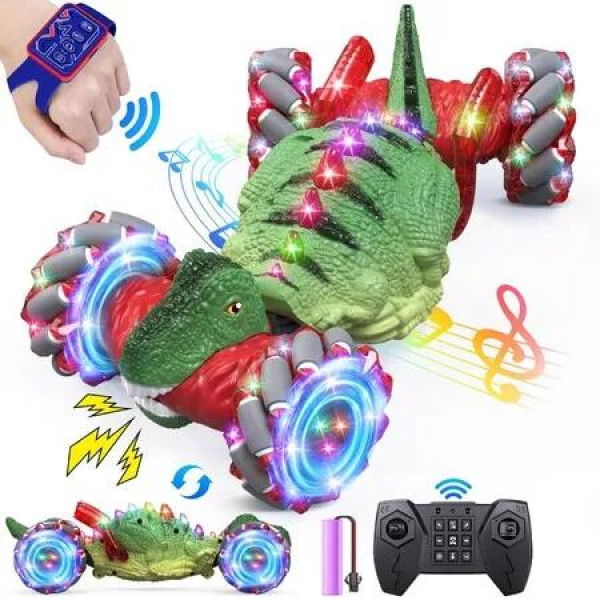 Remote Control Car,2.4GHz LED Gesture Sensing RC Car,4WD Rotation RC Stunt Car with Lights and Music,Dino Toys for Kids Ages 3+ (Red)