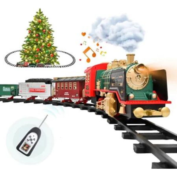 Remote Control Christmas Train Set,Steam Locomotive Engine Cargo Car and Train Tracks,Rechargeable Electric Train Christmas Gift