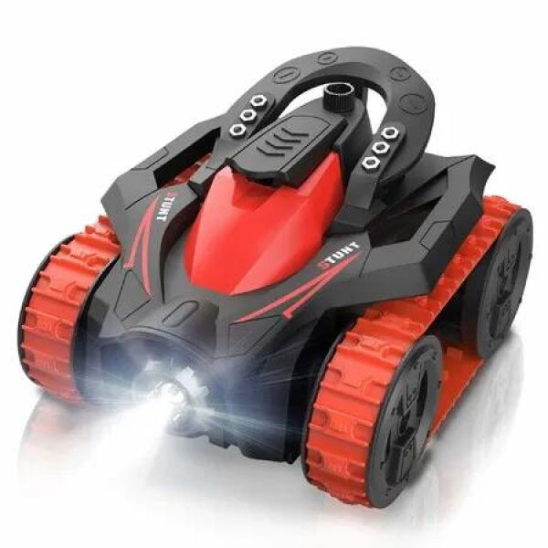 Remote Control Crawler Tracked Stunt Car, 360 Degree Upright Rotating Driving with LED Headlight 4WD All-Terrain for Kids 5+(Red)