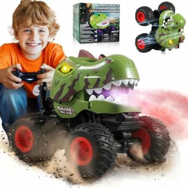 Remote Control Dino Monster Truck with Spray, Light and Music, RC Truck with 360 Degree Spins and Drifting, Remote Control Car for Boys Girls Green