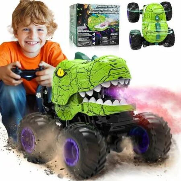 Remote Control Dino Monster Truck with Spray, Light and Music, RC Truck with 360 Degree Spins and Drifting, Remote Control Car for Boys Girls Green