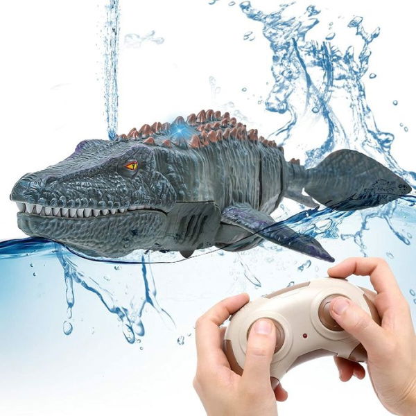 Remote Control Dinosaur For Kids - Mosasaurus Diving Toys RC Boat With Light And Spray Water For Swimming Pool Lake Bathroom Ocean - Protector Bath Toys (Grey)