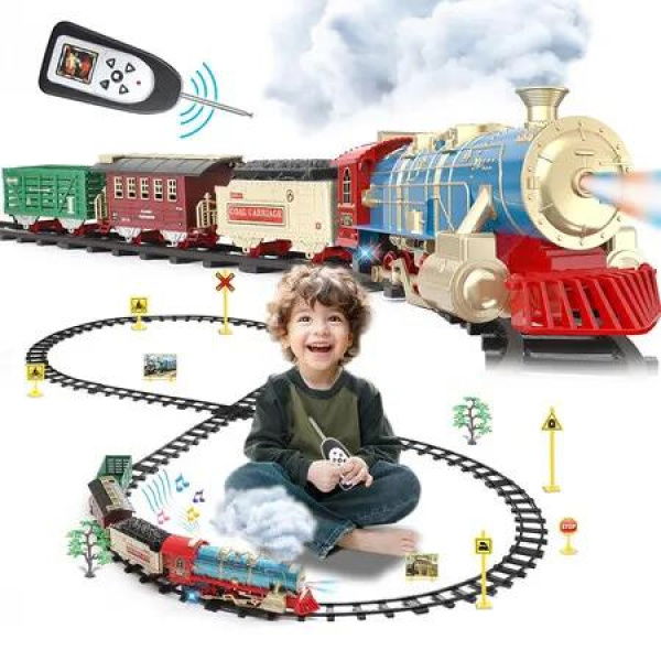 Remote Control Electric Train Set, Steam Locomotive Toy Train with Lights Sounds Smoke and Tracks, Christmas Train Set with Cargo Cars