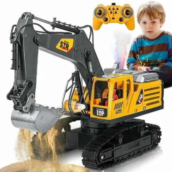 Remote Control Excavator Construction Toy 14 Channel 2.4Ghz RC Digger with Simulating Real Engine Spray 680 Degree Rotation Lights and Sounds Gift for Boys
