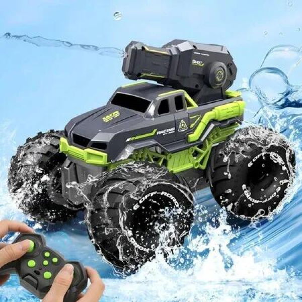 Remote Control Monster Truck All Terrain 4WD Amphibious RC Car and Boat with Water Spray Shooting Waterproof Toy Gift for Kids, Green