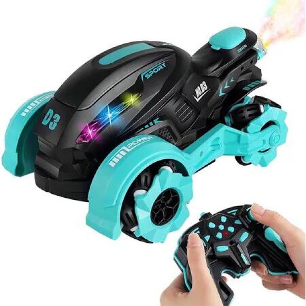 Remote Control Motorcycle, RC Dirt Bike with Light Music Drift RC Car Stunt Motorbike Gift for Kids,Blue