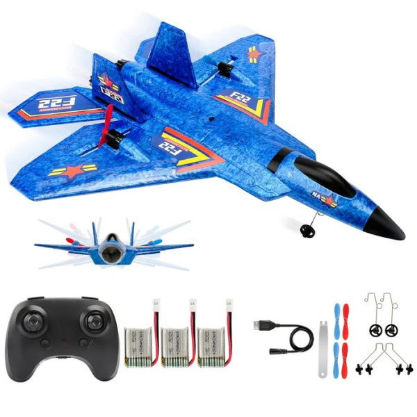 Remote Control Plane RTF F-22 Raptor 2.4GHz 6-axis Gyro RC Airplane With Light Strip Jet Fighter Toy Gift For Kids Beginner (Blue)