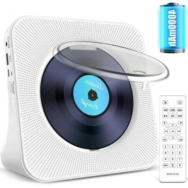 remote control Portable CD Player with BHiFi Speaker,LCD Display,Sleep Timer,Headphone Jack,Long-lasting 4000mAh battery,Supports CD/Bluetooth/FM Radio/U-Disk/AUX (White)