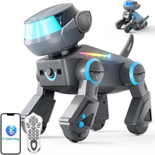Remote Control Robot Dog, Programmable Smart Robotic Dog with Bluetooth and LED Eyes, Dancing Rechargeable Interactive Robot Puppy Toy for Kids (Grey)