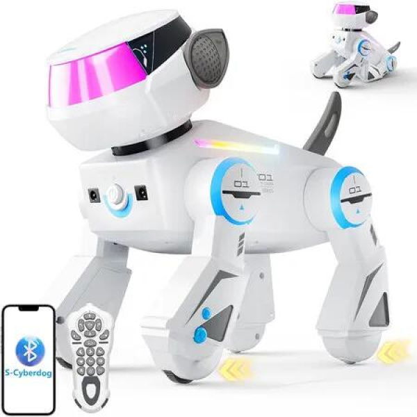 Remote Control Robot Dog, Programmable Smart Robotic Dog with Bluetooth and LED Eyes, Dancing Rechargeable Interactive Robot Puppy Toy for Kids (White)