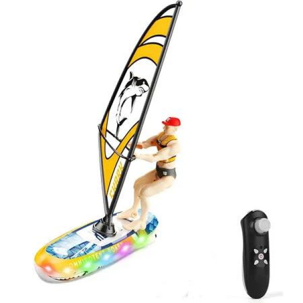 Remote Control Sailboat Racing Toy, Auto-Balance RC Surf Boat Dual Propellers 2.4 GHz Watercraft with 180 Degree Flip Balance Bar and LED Light (Yellow)