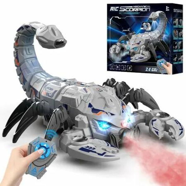 Remote Control Scorpion Toy,Robot Scorpion with 2.4 GHz Remote Controller,Stunt Robot with Spray Lights Music Gift for Boys Girls Ages 3+(Grey)