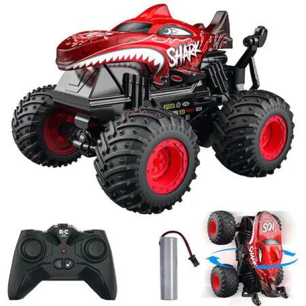 Remote Control Shark Monster Truck 2.4GHz Stunt Car RC Toys Light Sound All Terrain Indoor Outdoor for Kids Color Red