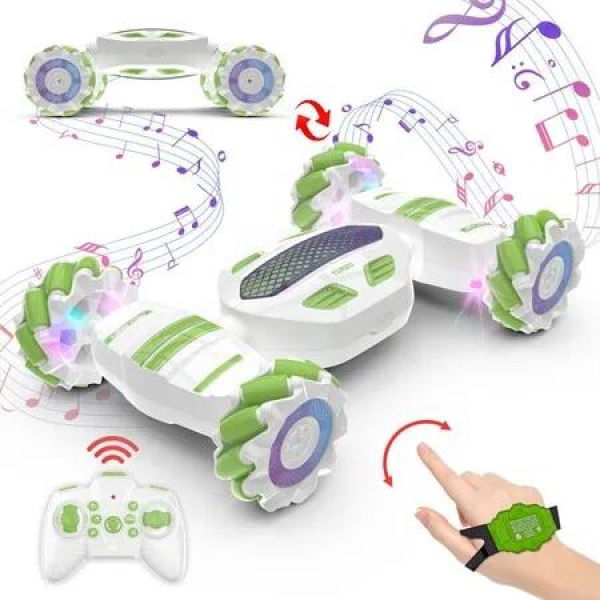 Remote Control Stunt Car, 2.4G Gesture Sensing Remote Control Car 4WD Toy Car with Lights and Music, Gift for Boys and Girls, Green