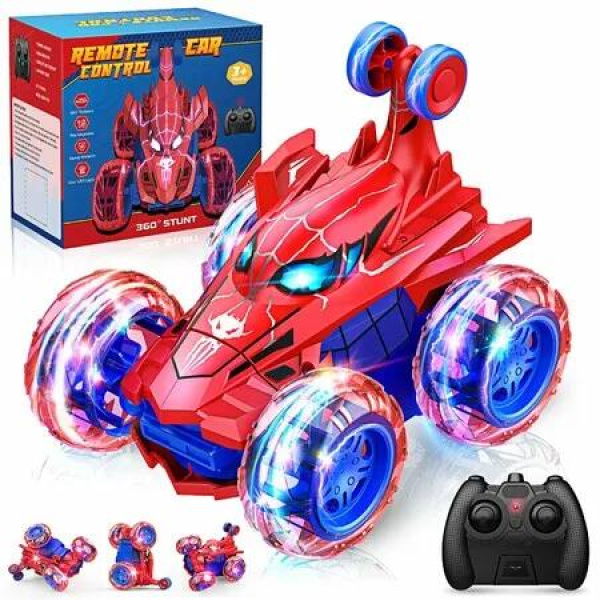 Remote Control Stunt Car Spider-Man 360 Degree Rotating Electric RC 2.4GHz Sound Light Toy for Kids Gifts Color Red