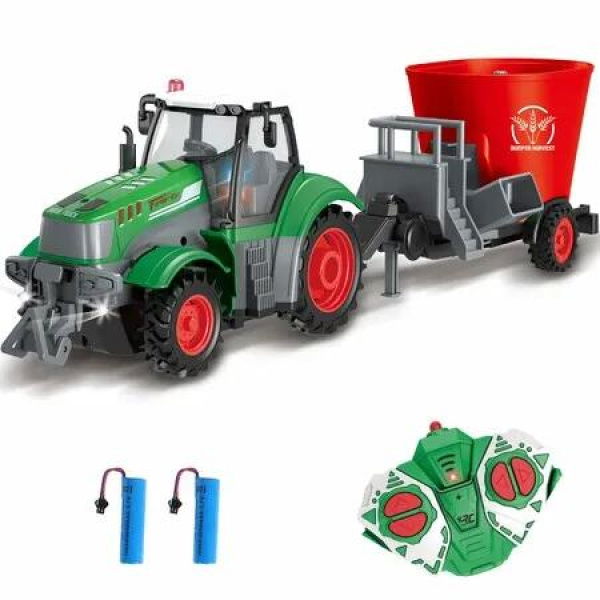 Remote Control Tractor 2.4Ghz RC Truckt 1:24 Farm Tractor with Light,Truck and Trailer Toys for 6+ Years Old Boys Girls(Rice Mixer Truck)