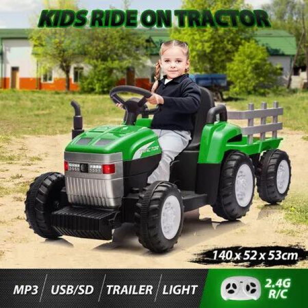 Remote Control Tractor Toy Vehicle Trailer Children Electric RC Ride On Car Off Road Farm Loader Truck 12V Battery Powered USB MP3 Player LED Lights