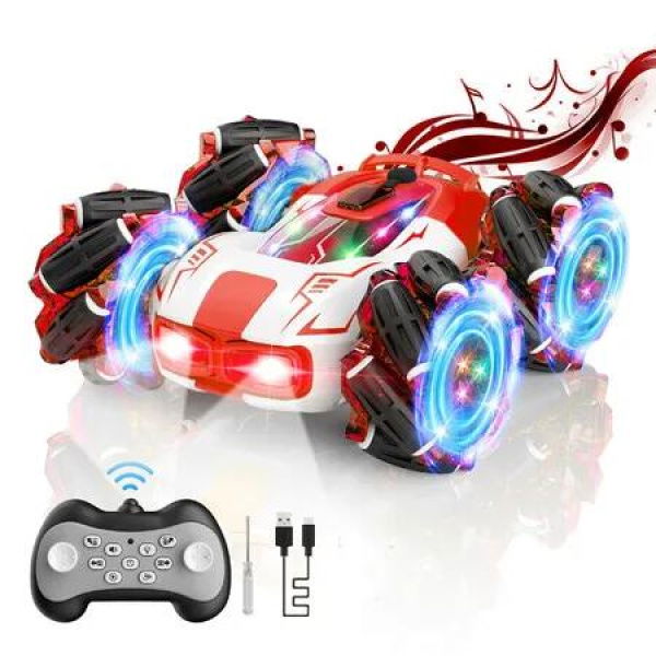 Remote ControlDrift Stunt Car 2.4 GHz 4WD Double-Sided 360 Degree Rotating RC Crawler with LED Lights Music Spray-Red