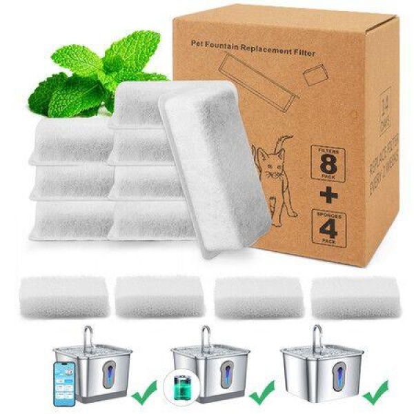 Replacement Filters for Cat Water Fountain, 8 Pack Replacement Filters & 4 Pack Replacement Pre-Filter Sponges Set for Pet Water Fountain