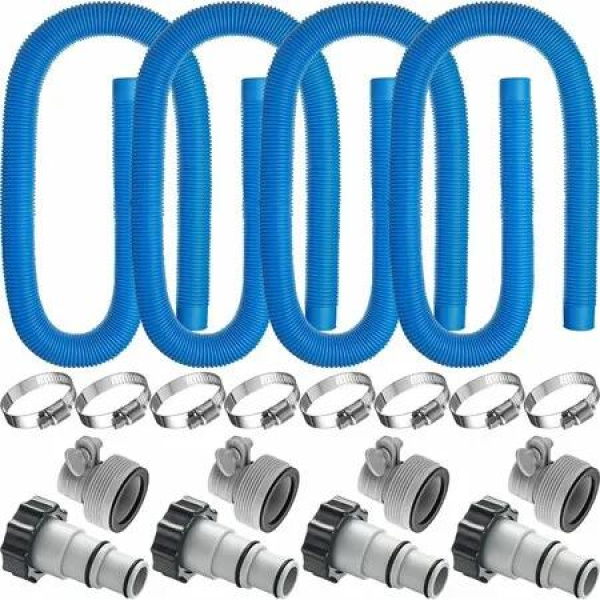 Replacement kit for Above Ground Pools with 8 Pcs Clamps and 4 Replacement Hose Adapter 1.25 Inch Diameter 59 Inch Length Pool Pump Replacement Hose (Blue)