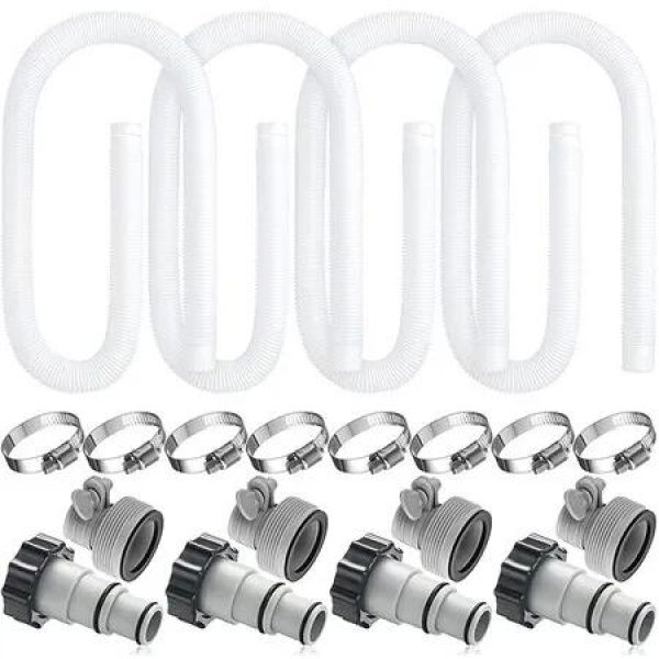 Replacement kit for Above Ground Pools with 8 Pcs Clamps and 4 Replacement Hose Adapter 1.25 Inch Diameter 59 Inch Length Pool Pump Replacement Hose (White)