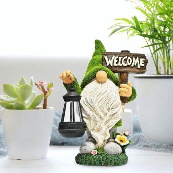 Resin Gnome Figure Sculpture With Solar Lantern Outdoor Garden Statue Decoration