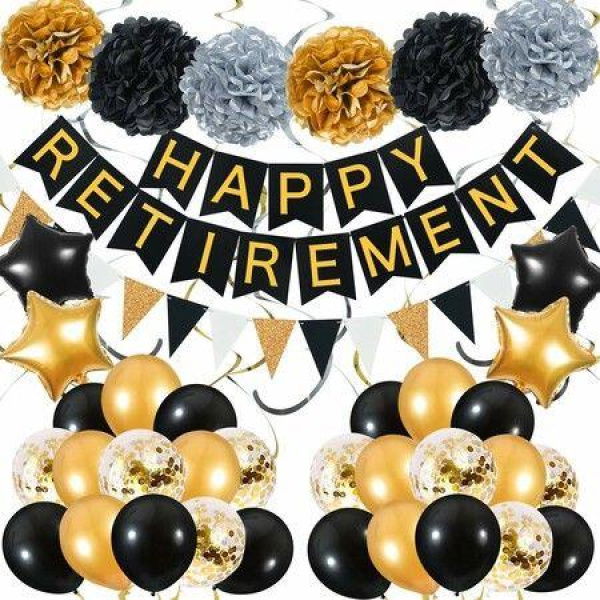 Retirement Party Decoration 54pcs Black Gold Retirement Banner Paper Garland Paper Pompoms Foil Balloon Hanging Swirls For Men Women Retirement Party Decorations