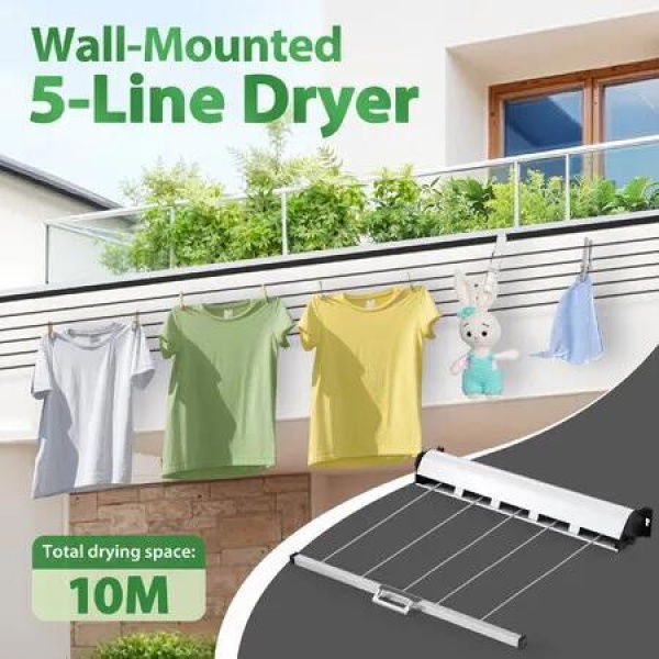 Retractable Clothesline 5 Line Clothes Dryer Airer Rack Wall Mounted Outdoor Wet Dry Laundry Pull Out Air Drying Cord Galvanised Steel 50m