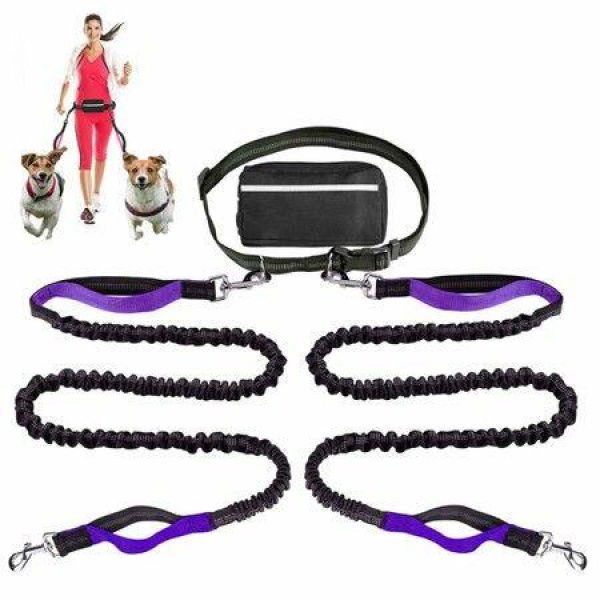 Retractable Hands Free Dog Lead with Dual Bungees for 2 Dogs, Adjustable Belt Belt Bag for Running Walking Hiking Jogging Biking Color Purple