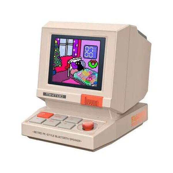 Retro PC Style Computer Speaker, Smart Pixel Screen with DIY Faces, Bluetooth and USB Audio, Alarm/White Noise Clock, Desk Setup Gift