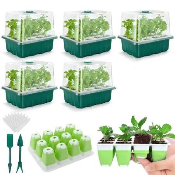Reusable Seed Starter Tray with 60 Soft Silicone Cells,5 Pack Seed Starter Kit with Repotting Mat Humidity Dome High Lid,Trays for Indoor Greenhouse