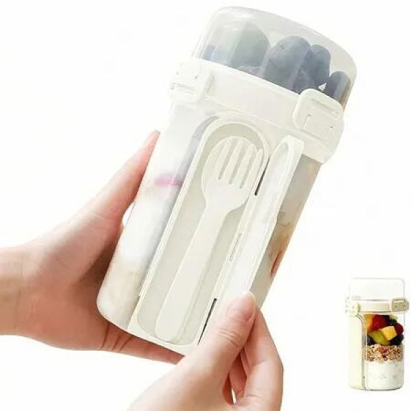 Reusable Yogurt Cups with Lids and Spoon,Oats Containers with Topping Compartment,Leak Proof Oatmeal Container Great for Breakfast & Salad(Beige)