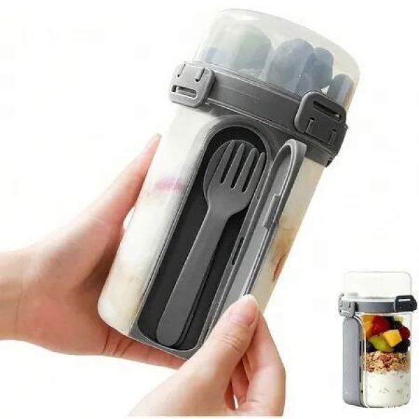 Reusable Yogurt Cups with Lids and Spoon,Oats Containers with Topping Compartment,Leak Proof Oatmeal Container Great for Breakfast & Salad(Grey)