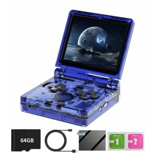 RG35XXSP Retro Clamshell Games Consoles Built-in 64G TF Card 5000+ Games Portable Style Flip Hand Held Game Video Consoles Linux System Blue Transparent