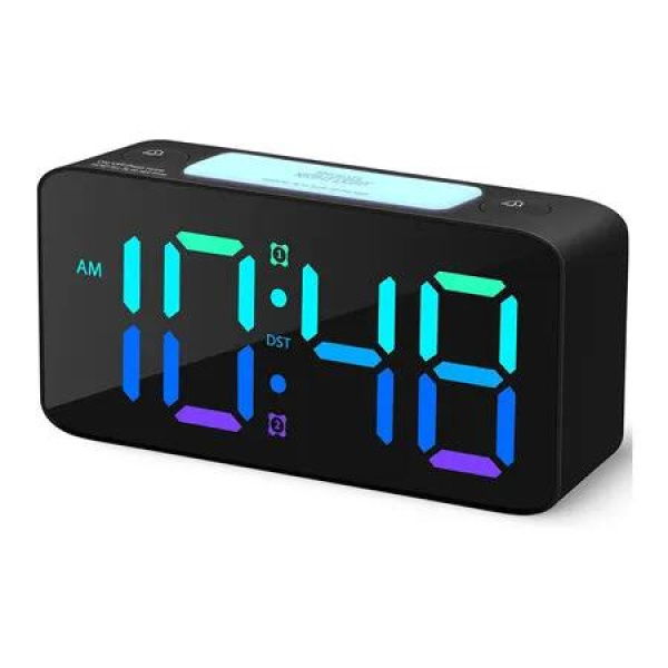 RGB Digital Alarm Clock Super Loud Heavy Sleepers Nightlight 7 Colour Adjustable Volume USB Charger Black Vibrant Display Bedroom Timekeeping