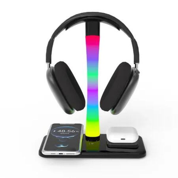 RGB Headset Stand with 15w Wireless Charger,4 in 1 Gaming Headphone Desk Holder with 7 Light Modes and Non-Slip Rubber Base for Phone,AirPods-Black