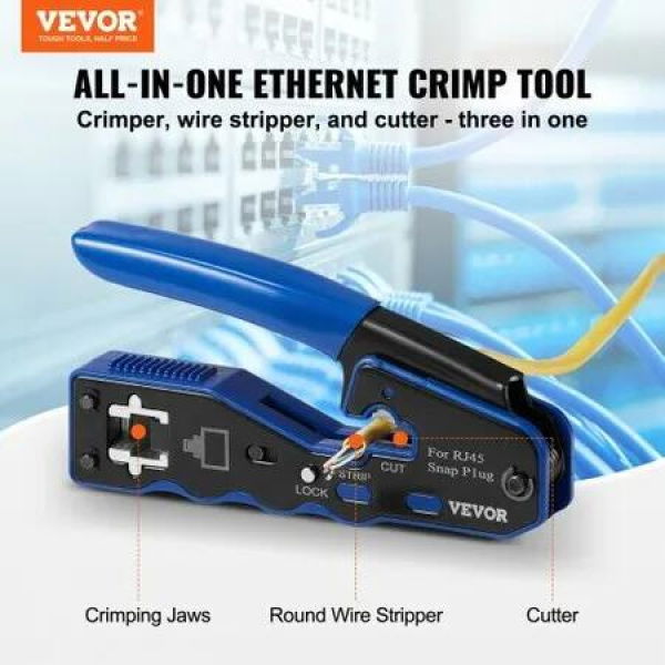 RJ45 Crimp Tool Kit, Cat5e/Cat6/Cat6a Ethernet Crimper Crimp Pliers for 8-Pin Modular Plugs with 20pcs Pass-Through Connectors and Covers, Wire Stripper and Network Tester