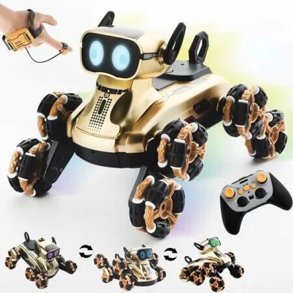 Robot Dog RC Stunt Car Toys, Remote Control Car with Mecanum Wheels and LED Eyes Ideal Gift for Boys Girls (Golden)