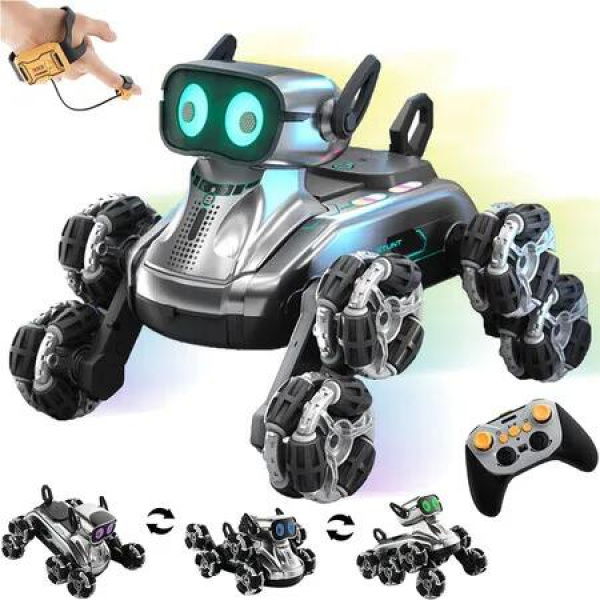 Robot Dog RC Stunt Car Toys, Remote Control Car with Mecanum Wheels and LED Eyes Ideal Gift for Boys Girls (Silver)