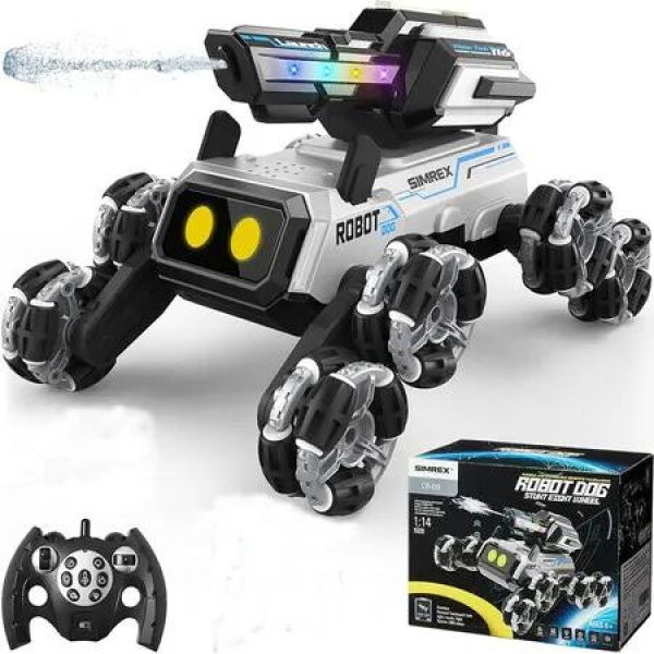 Robot Dog RC Stunt Toys, Remote Control Car with LED Eyes Mecanum Wheels and Water-Shooting Turret, Birthday Gift for Boys Girls