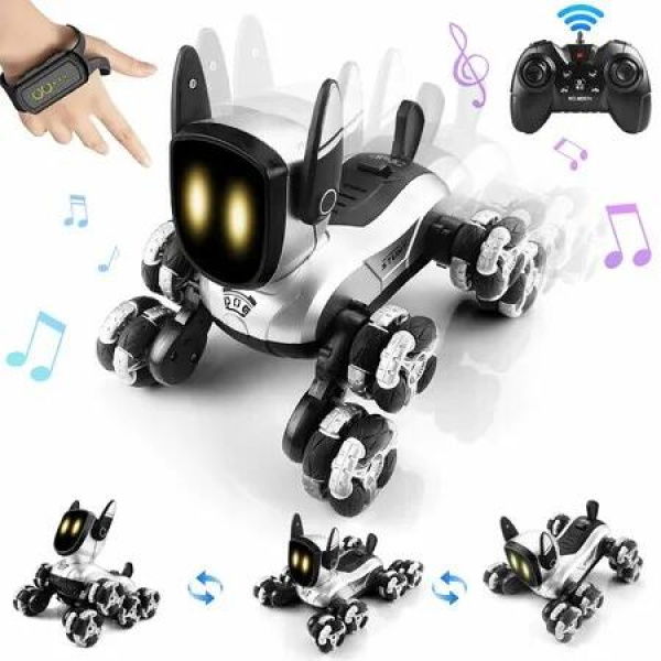 Robot Dog Toy 2.4GHz 8WD Gesture Sensing Rc Stunt Car with LED Eyes,360 Degree Rotation Remote Control Dog with Music Light, Birthday for Boys Age 6+