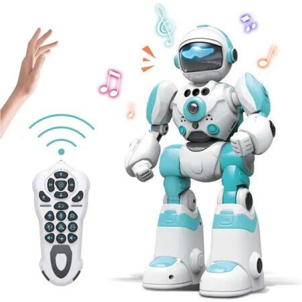 Robot Toys for Kids, Remote Control Robot with Record Voice and Gesture Sensing Control, Programmable Music Dancing Functions (Blue and White )