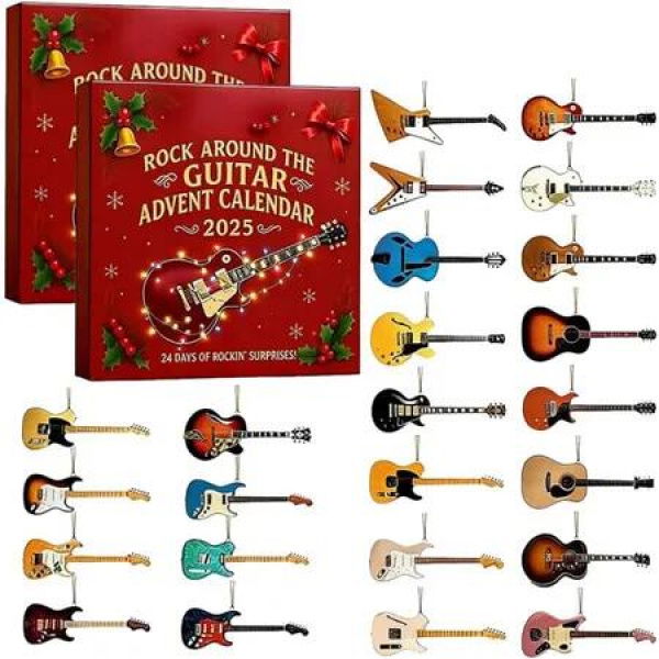 Rock Around the Guitar Advent Calendar,24 Days Christmas Countdown Calendar,with 24 Mini Guitar Ornaments,2D Rock and Roll Collectibles 2Pack