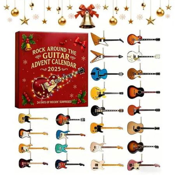Rock Around the Guitar Advent Calendar,24 Days Christmas Countdown Calendar,with 24 Mini Guitar Ornaments,2D Rock and Roll Collectibles