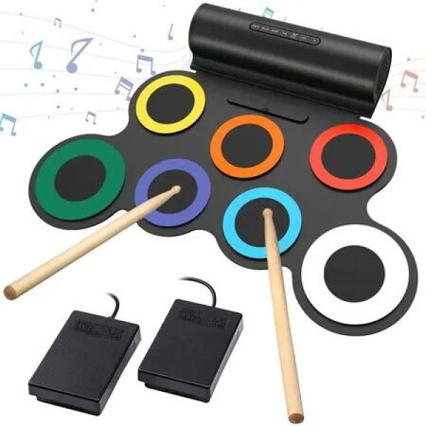 Roll-Up Drum Practice Pad and MIDI Drum Kit with Built-in Speaker, Pedals, and Sticks: Perfect for Kids