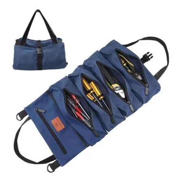 Roll Up Tool Bag, Multi-Purpose Tool Roll Organize, 5 Zippered Tool Pockets (Blue)