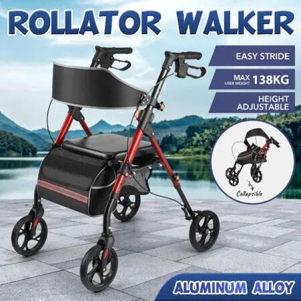 Rollator Walker with Seat 4 Wheel Seniors Elderly Lightweight Walking Mobility Aid Trolley Folding Wheelchair Rolling Frame Medical Storage Aluminum