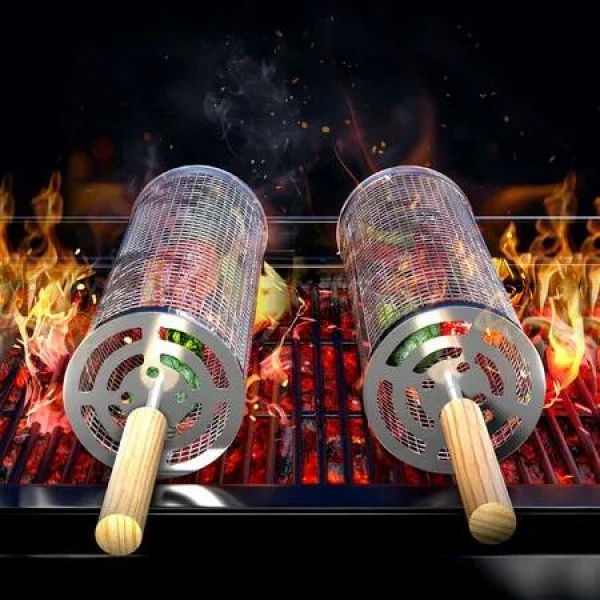 Rolling Grill Basket 2 Pcs BBQ Outdoor Barbecue Stainless Steel Handle Vegetables Meat Seafood Grilling Accessories Easy Clean